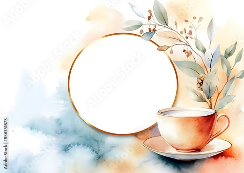 Watercolor Background with a Cup and Saucer and a Gold Circle. Template for quotes, and greetings cards