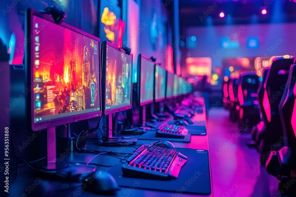 Neon-Lit Gaming Stations with Colorful Displays Neon-Lit Gaming Stations with Colorful Displays