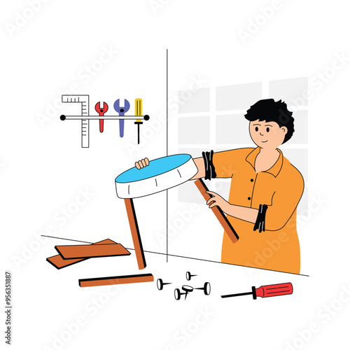 A man crafting and repairing wooden structure, carpenter flat illustration