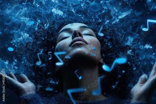This striking image captures a dramatic underwater scene where a person is immersed in water with musical notes floating around, symbolizing a deep immersion into music and emotions.