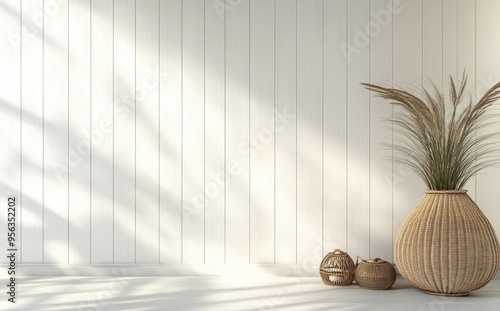 A 3D rendering of an empty room interior, with a blank white wall, a rattan coffee table, and a rug made of rattan photo