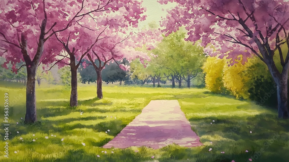 Naklejka premium Spring Path Through Cherry Blossom Trees