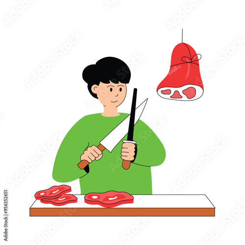 Butcher cutting meat with cleaver, butcher flat illustration