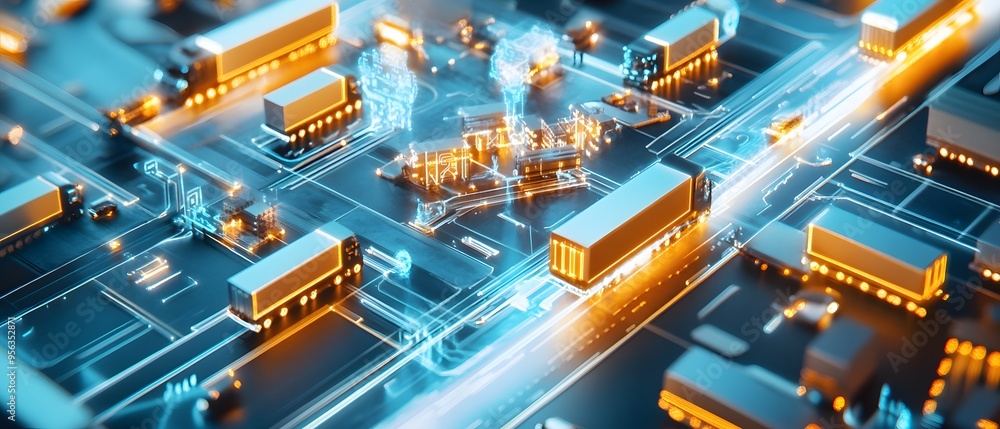 Futuristic Cityscape with Trucks and Neon Lights. Futuristic Cityscape with Trucks and Neon Lights.