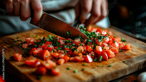 Manos de un cocinero picando finamente hierbas con un cuchillo afilado sobre una tabla de cortar, con ingredientes vibrantes como tomates, ajos y cebollas esparcidos alrededor.