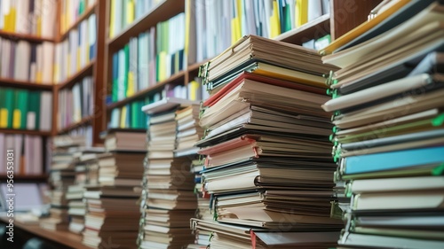 A cluttered workspace filled with stacks of books, showcasing the beauty of knowledge and the art of organization.