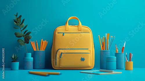 Concepto de vuelta al cole con una mochila amarilla entreabierta, derramando libros y artículos de papelería, sobre un fondo azul estampado, renderizado 3D con sombras suaves. photo