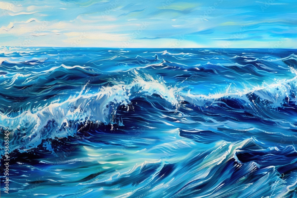 The painting depicts a calm ocean with blue waves The painting depicts a calm ocean with blue waves