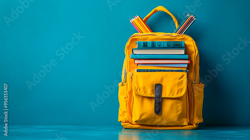 Concepto de vuelta al cole con una mochila amarilla entreabierta, derramando libros y artículos de papelería, sobre un fondo azul estampado, renderizado 3D con sombras suaves.