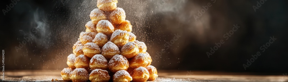 Tower of Profiteroles with Powdered Sugar on Rustic Wooden Table Against Dark Background Tower of Profiteroles with Powdered Sugar on Rustic Wooden Table Against Dark Background
