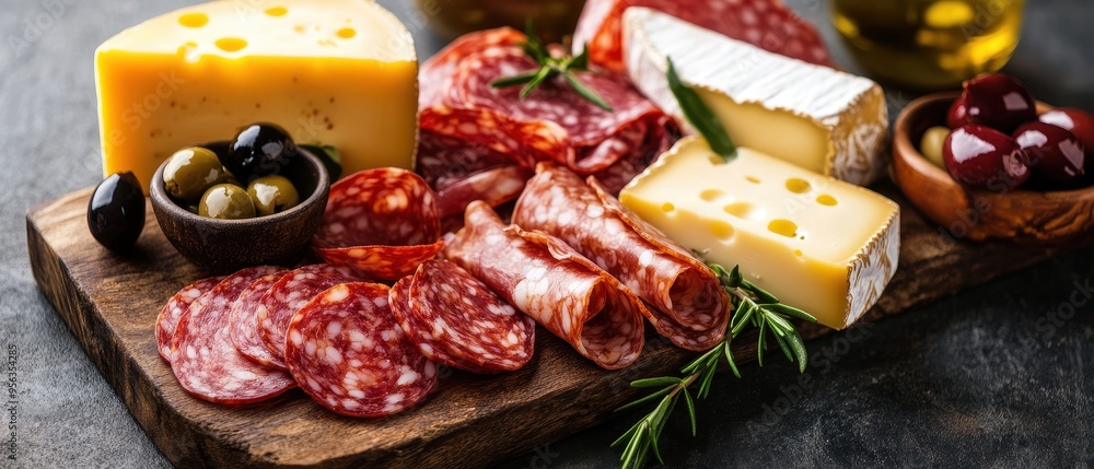 Assorted Cheeses and Cured Meats on Wooden Board with Olives and Herbs - Perfect for Gourmet Food and Entertaining Assorted Cheeses and Cured Meats on Wooden Board with Olives and Herbs - Perfect for Gourmet Food and Entertaining