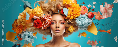 woman portrait with colorful flowers over her head. Bright summer autumn colors. Surreal fashion syle concept.