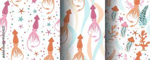 Set of seamless patterns with cute squid, starfish and seaweed. Underwater world, ocean inhabitants. Suitable for fabric, wallpaper, wrapping paper, scrapbooking, etc.