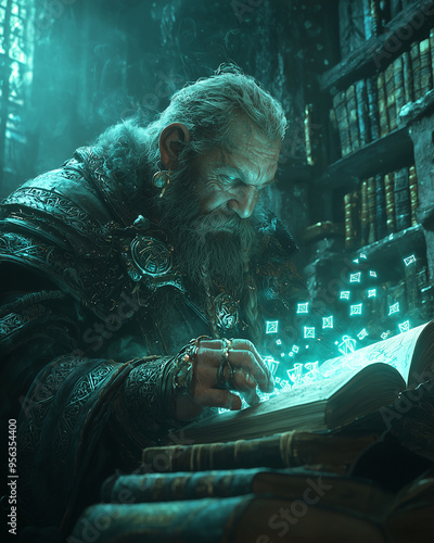 male dwarf scholar harnesses ancient magic from a glowing tome, surrounded by floating runes and arcane symbols in a dimly lit library photo