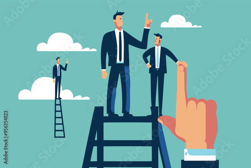 Achieving Success and Positive Feedback: Businessman Climbing Ladder to Reach Thumbs Up Performance Evaluation