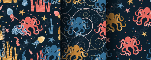Set of seamless patterns with cute octopus, starfish, jellyfish and algae. Underwater world, ocean inhabitants. Suitable for fabric, wallpaper, wrapping paper, scrapbooking, etc.