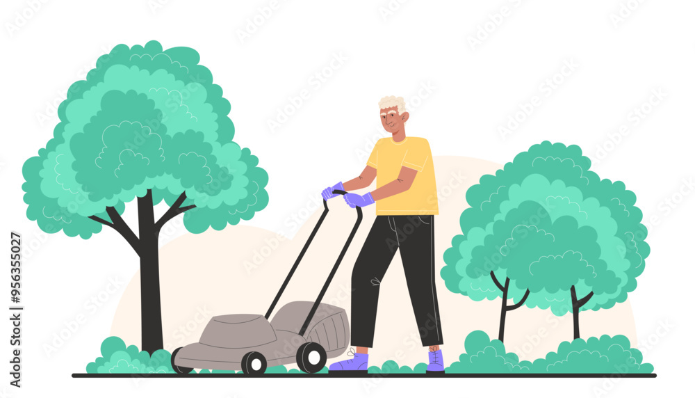 A elderly man mows the lawn with a lawnmower in the garden A elderly man mows the lawn with a lawnmower in the garden