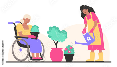 A grandmother in a wheelchair are gardening with her granddaughter