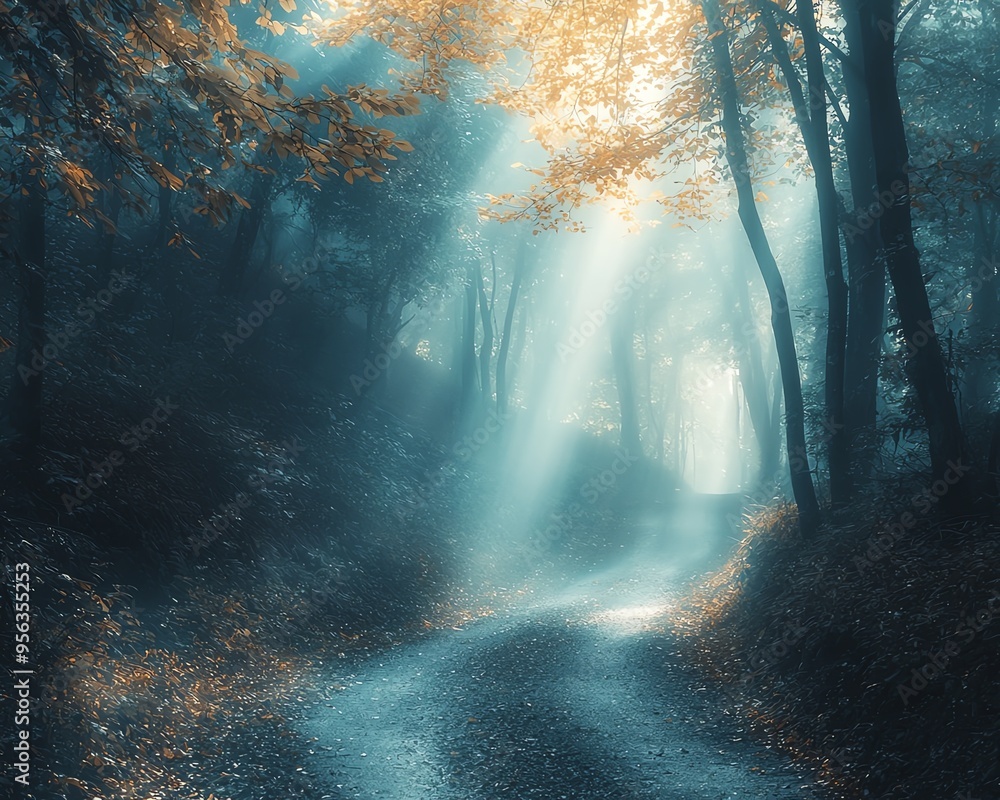 Mystical forest path with sunlight breaking through the fog. Mystical forest path with sunlight breaking through the fog.