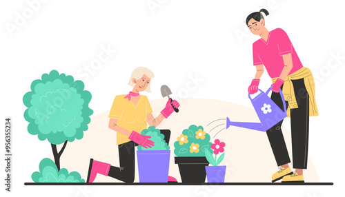 Grandmother and grandson plant and water flowers in pots in the garden