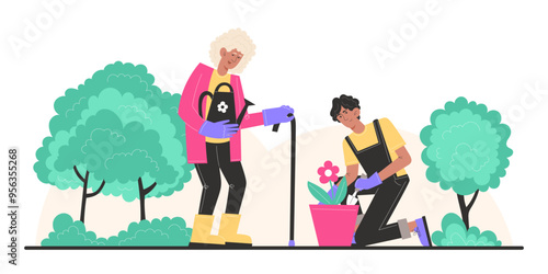 Grandmother and grandson plant and water flowers in pots in the garden