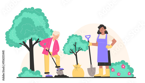 A elderly woman and granddaughter dig the ground with a shovel and plants a young tree