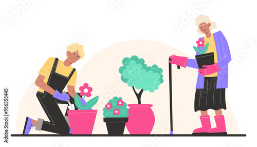 Grandmother and grandson plant and water flowers in pots in the garden