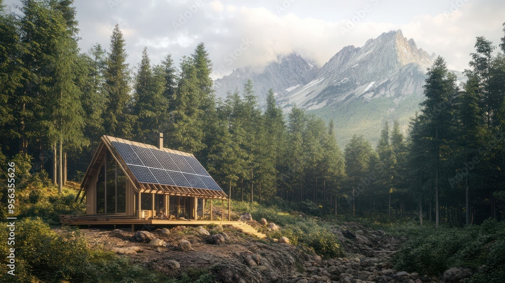 A remote, self-sustaining off-grid cabin being constructed in a dense forest, featuring solar panels, rainwater collection systems, and natural building materials, with mountains in the background A remote, self-sustaining off-grid cabin being constructed in a dense forest, featuring solar panels, rainwater collection systems, and natural building materials, with mountains in the background
