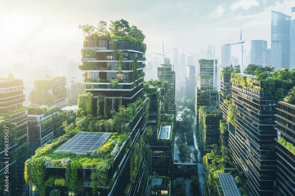 Obraz premium A futuristic cityscape featuring green architecture and sustainable design elements.