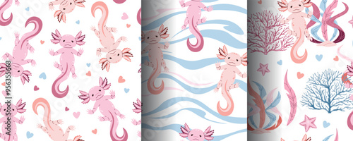 Set of seamless patterns with cute pink axolotl and seaweed. Underwater world, ocean inhabitants. Suitable for fabric, wallpaper, wrapping paper, scrapbooking, etc.