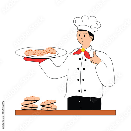Baker flat illustration, baking bread, pastries, and other treats with culinary expertise