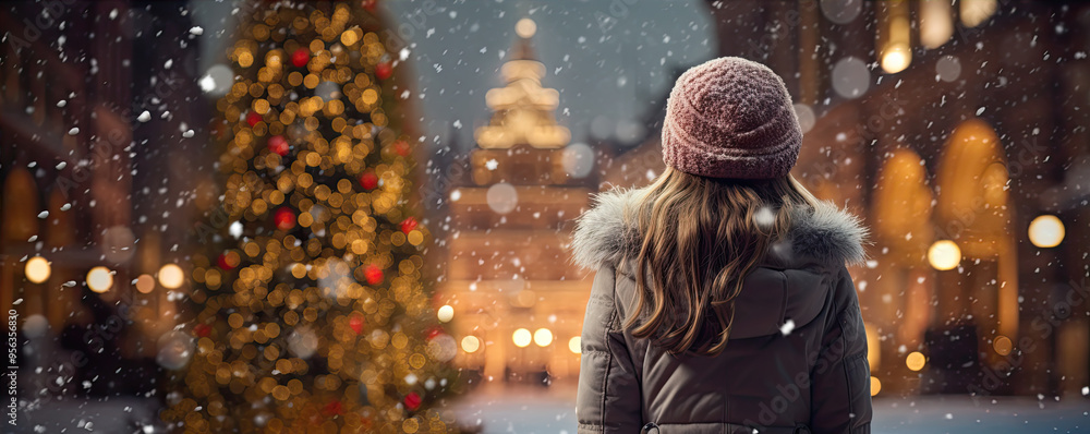 Rear view of girl standing at the city square and looking at Christmas tree in winter time, Christmas tree in evening snow city, Rear view of girl standing at the city square and looking at Christmas tree in winter time, Christmas tree in evening snow city,