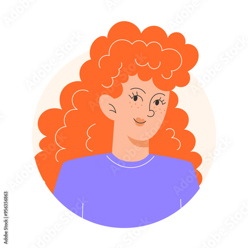 User icon of young woman with curly red hair in flat style