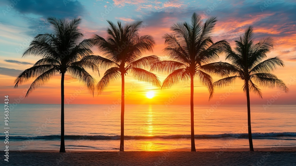 Obraz premium Stunning sunset over the ocean with palm trees silhouetted at the beach