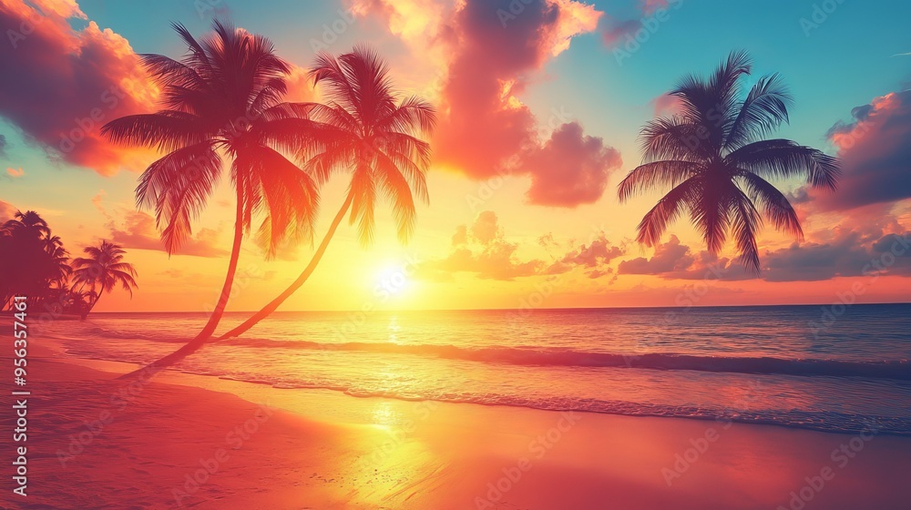 Vibrant sunset over the ocean with palm trees silhouetted on the beach Vibrant sunset over the ocean with palm trees silhouetted on the beach