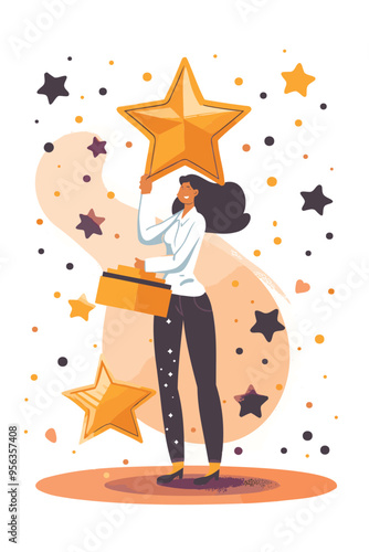 Ambitious businesswoman filling golden star trophy, symbolizing motivation for success and personal growth