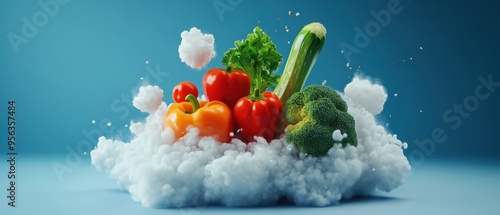 Fresh Vegetables Floating on Cloud with Blue Background - Creative Food Concept