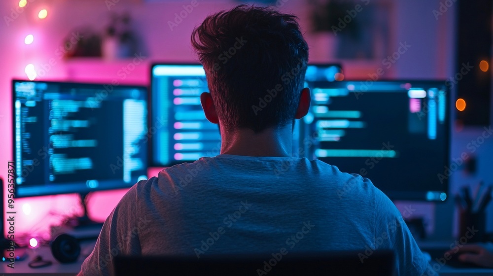 Coder Backlit by Monitors.