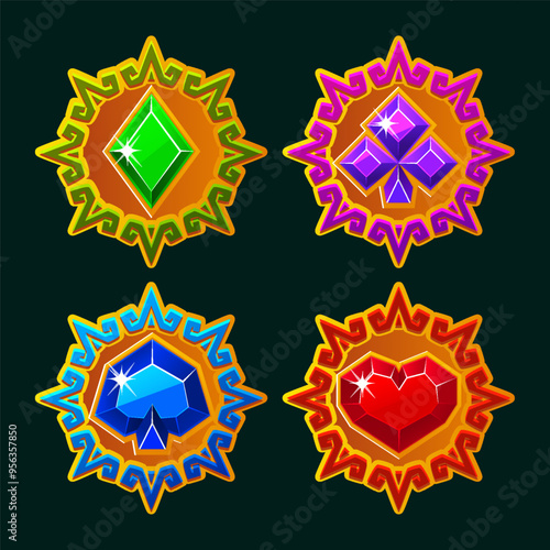 Playing card icons in solar disk frame, Maya style icons. Symbols heart, spade, diamond, and club for your casual game, slots or casino