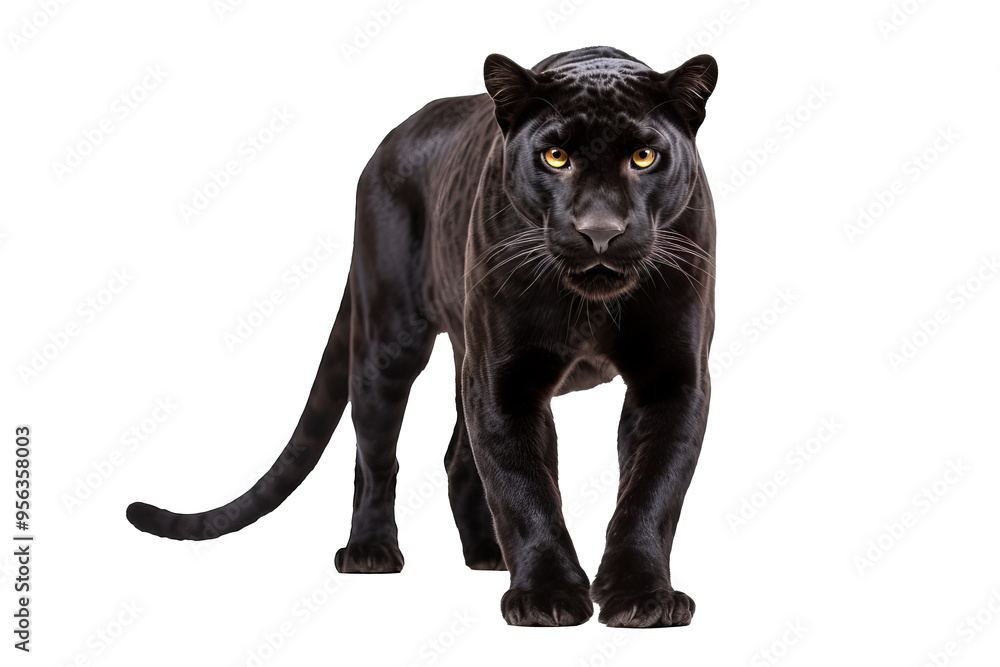 Fototapeta premium Majestic black jaguar isolated on transparent background for wildlife design projects featuring stealthy and powerful big cats in high-resolution, ideal for exotic animal and nature-themed concepts