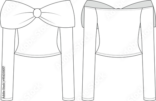 with elbow long sleeve  off the shoulder neck elastic fit blouse top sweater template technical drawing flat sketch cad mockup fashion woman design style model

