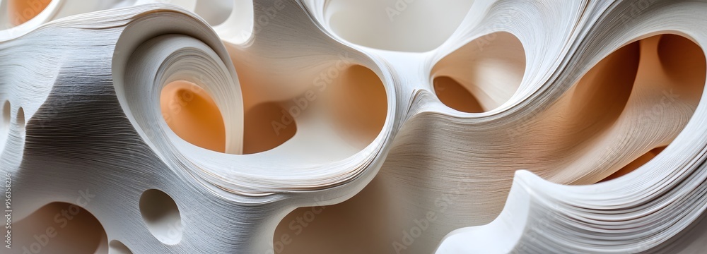 44. Fluid, organic paper shapes creating a layered, three-dimensional abstract design with textured details 44. Fluid, organic paper shapes creating a layered, three-dimensional abstract design with textured details