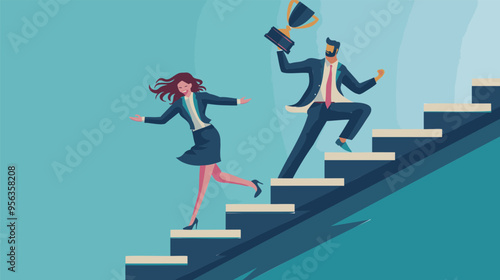 Businessman and businesswoman compete on staircase to win trophy, representing business rivalry and motivation