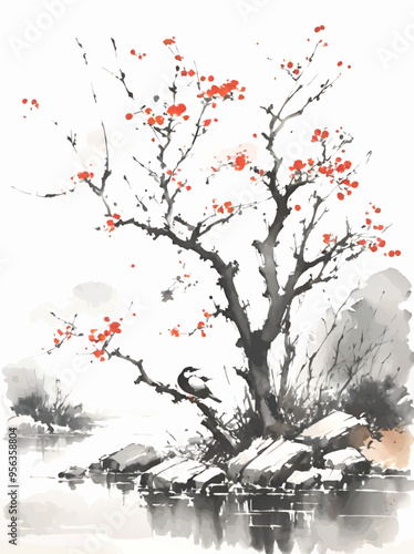 watercolor river landscape with tree