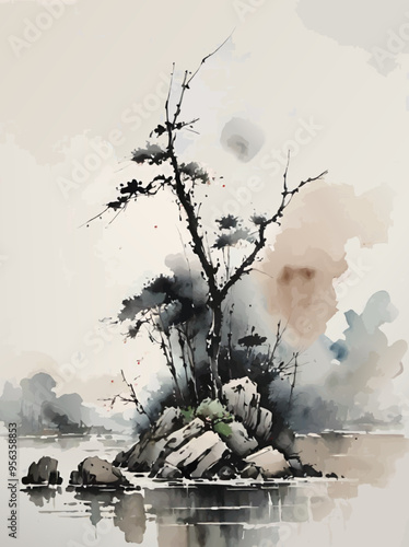 watercolor river landscape 