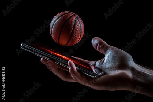 A basketball floating above a smartphone, symbolizing sports technology and digital interaction.