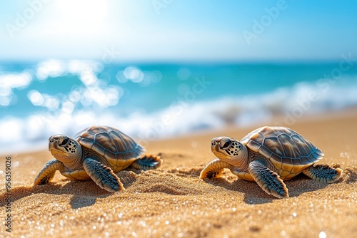 Two Baby Sea Turtles Crawling on Sandy Beach photo