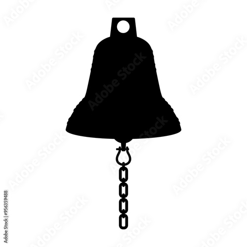 The black silhouette of the bell. A ship's bell with a chain. Rynda. An alarm signal. Vector illustration isolated on a white background for design and web.