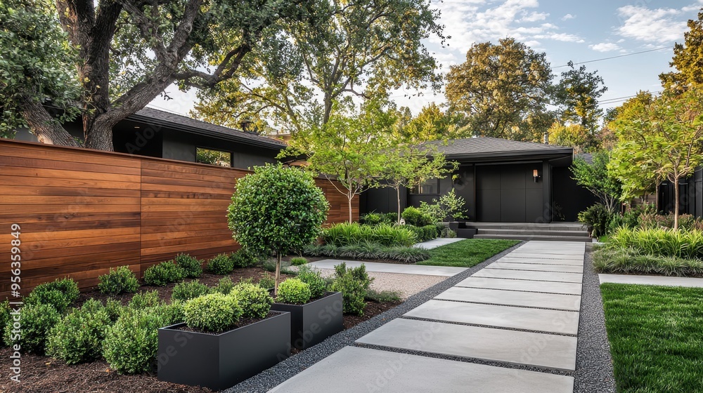 Modern Minimalist Front Yard Design with Low Wooden Fence and Neatly Paved Walkway Modern Minimalist Front Yard Design with Low Wooden Fence and Neatly Paved Walkway