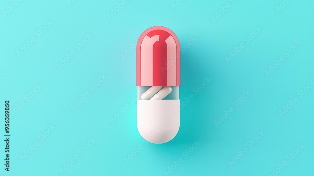 Capsule split in half, showing medicine inside, flat design illustration Capsule split in half, showing medicine inside, flat design illustration